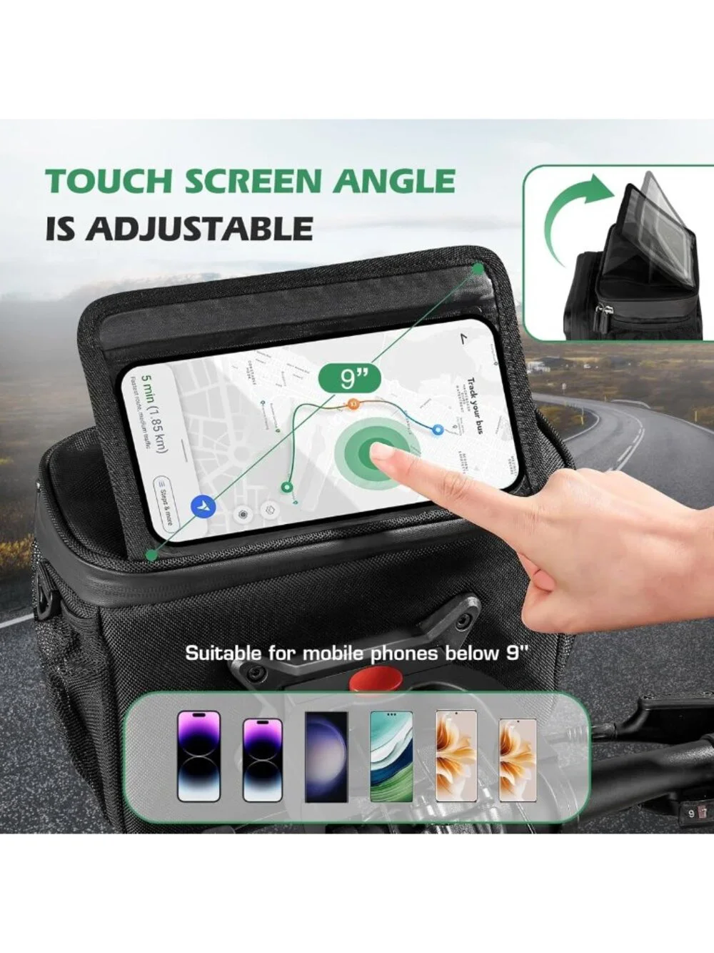 Water-Resistant Bike Handlebar Bag with Touch Screen Holder & Reflective Pouch